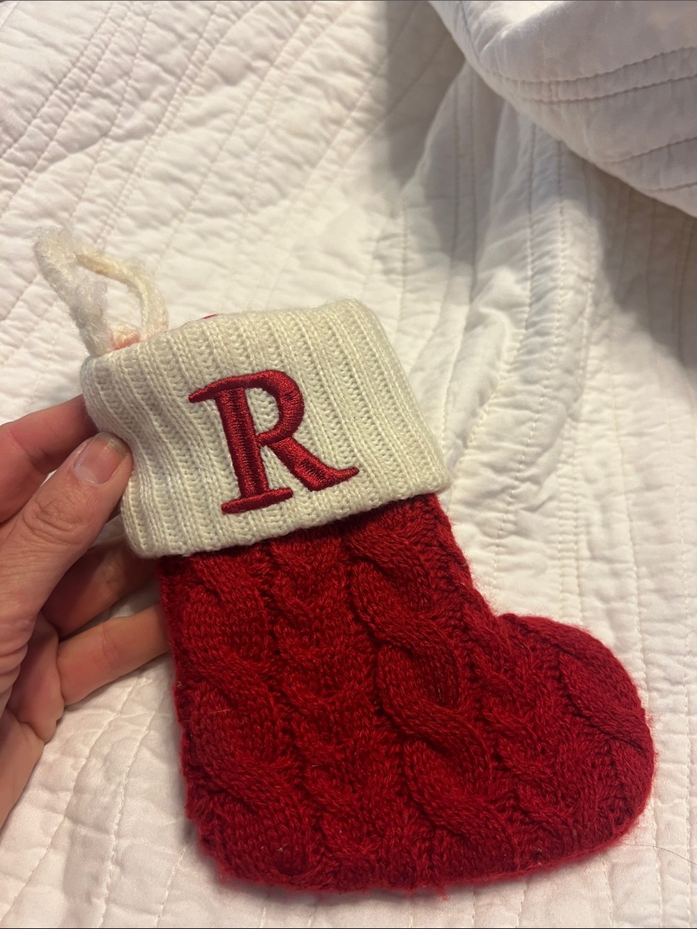 Red Knit Christmas Stocking with White Cuff and Monogram R